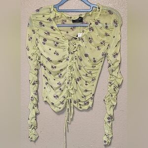 Jolie & Joy Juniors Floral Ruched Lace-Up Top Lime Size S